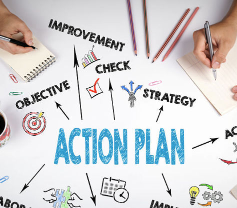 Action plan workspace with strategy, objectives, and improvement icons for email marketing